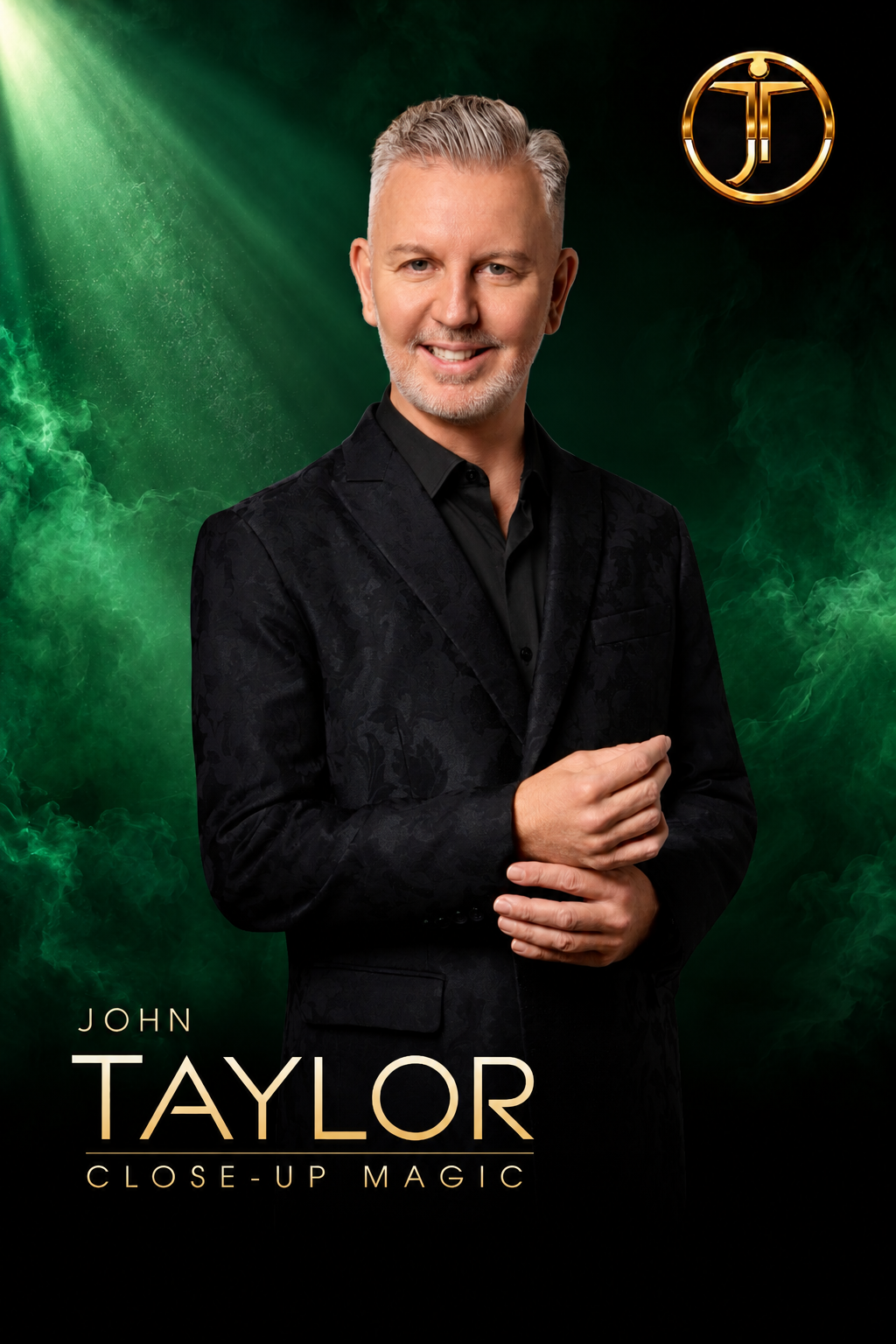 John Taylor’s emerald Close-up Magic poster with warm skin tones and salt-and-pepper hair