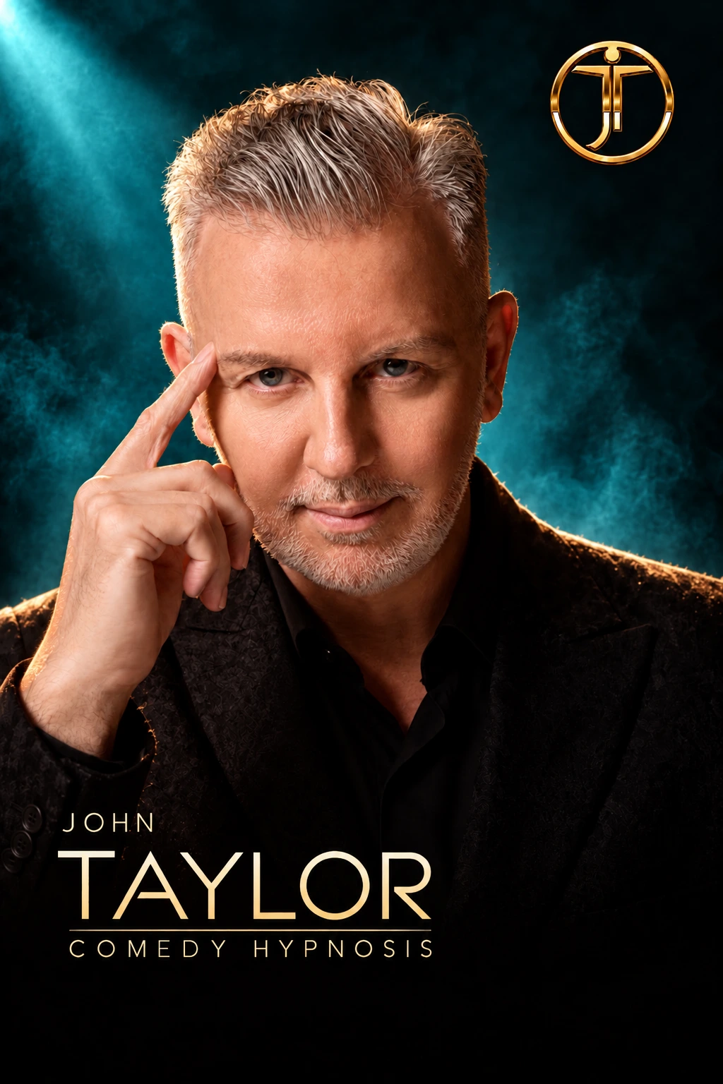 John Taylor in his deep teal and black Comedy Hypnosis promotional portrait
