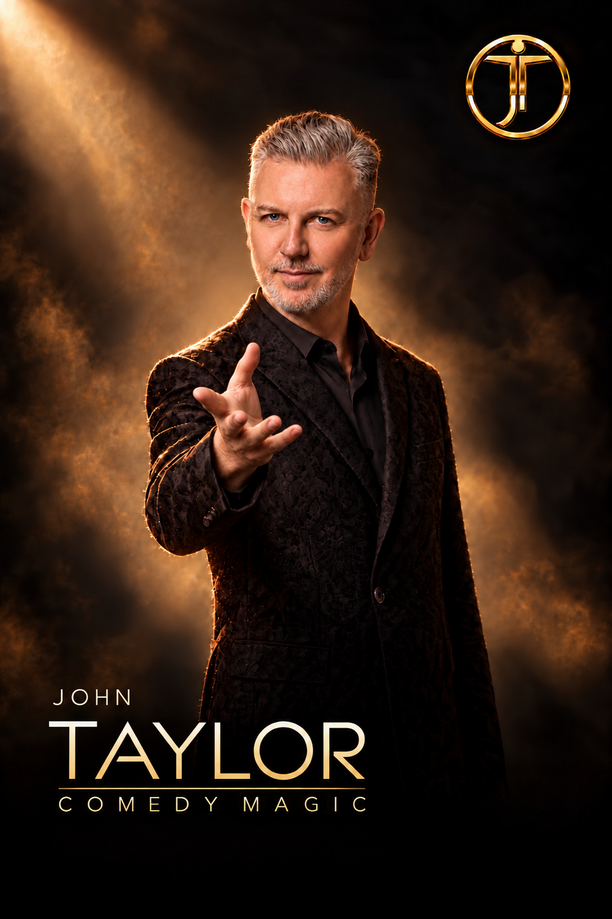 John Taylor in his gold and black Comedy Magic promotional portrait